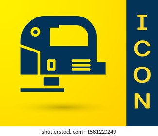 Blue Electric jigsaw with steel sharp blade icon isolated on yellow background. Power tool for woodwork.  Vector Illustration
