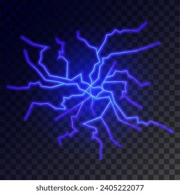 Iluminación eléctrica azul. Poderosa descarga eléctrica de tormenta. Impacto, crack, energía mágica flash. 