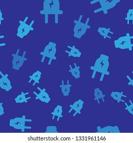 Blue Electric plug icon isolated seamless pattern on blue background. Concept of connection and disconnection of the electricity. Vector Illustration