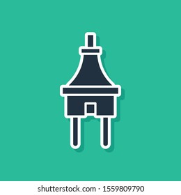 Blue Electric plug icon isolated on green background. Concept of connection and disconnection of the electricity.  Vector Illustration