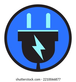 blue electric plug with lighting symbol, electric energy charging station icon, electric engine sign, battery electric transport logo