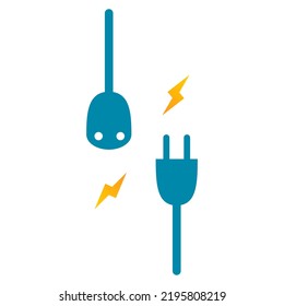 Blue electric plug and socket with yellow sparks bolt icon flat vector design.