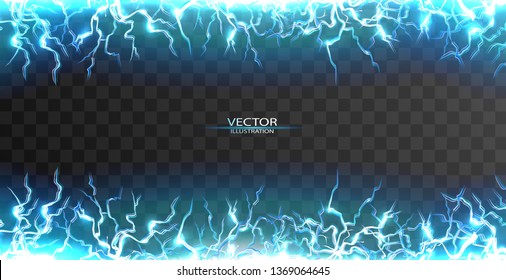 Blue electric realistic flash of lightning frame on transparent background. Magic, thunder, storm, bolts, charge, sparks, force, bright natural power effects. Energy drink promo and product design.