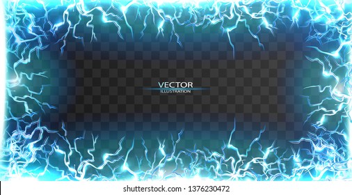 Blue electric realistic flash of lightning frame on transparent background. Magic, thunder, storm, bolts, charge, sparks, force, bright natural power effects. Energy drink promo and product design.