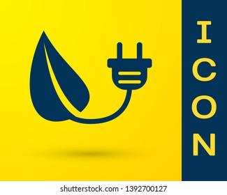 Blue Electric saving plug in leaf icon isolated on yellow background. Save energy electricity icon. Environmental protection icon. Bio energy. Vector Illustration