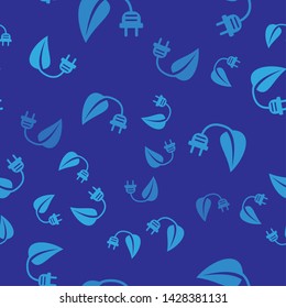 Blue Electric saving plug in leaf icon isolated seamless pattern on blue background. Save energy electricity icon. Environmental protection icon. Bio energy. Vector Illustration