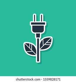Blue Electric saving plug in leaf icon isolated on green background. Save energy electricity icon. Environmental protection icon. Bio energy.  Vector Illustration