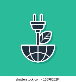Blue Electric saving plug in leaf icon isolated on green background. Save energy electricity icon. Environmental protection icon. Bio energy.  Vector Illustration