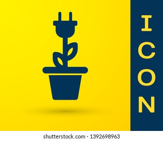 Blue Electric saving plug in pot icon isolated on yellow background. Save energy electricity icon. Environmental protection icon. Bio energy. Vector Illustration