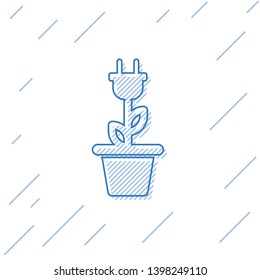 Blue Electric saving plug in pot line icon isolated on white background. Save energy electricity icon. Environmental protection icon. Bio energy. Vector Illustration