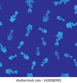 Blue Electric saving plug in pot icon isolated seamless pattern on blue background. Save energy electricity icon. Environmental protection icon. Bio energy. Vector Illustration