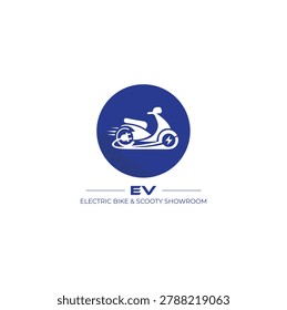 Blue electric scooter logo design featuring a circular emblem with a minimalist negative space EV scooty, electric plug, and lightning bolt symbol, isolated on a white background. Vector illustration perfect for electric bike showrooms, EV charging stations, modern urban mobility, and corporate identity.