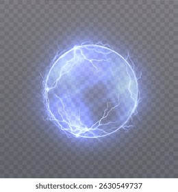 Esfera elétrica azul com relâmpagos brilhantes e efeito de energia de plasma. Abstrato carga atômica ou visualização de energia nuclear em fundo transparente.

