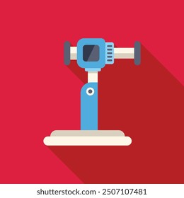 Blue electric spot welding machine joining metal sheets together with long shadow on red background