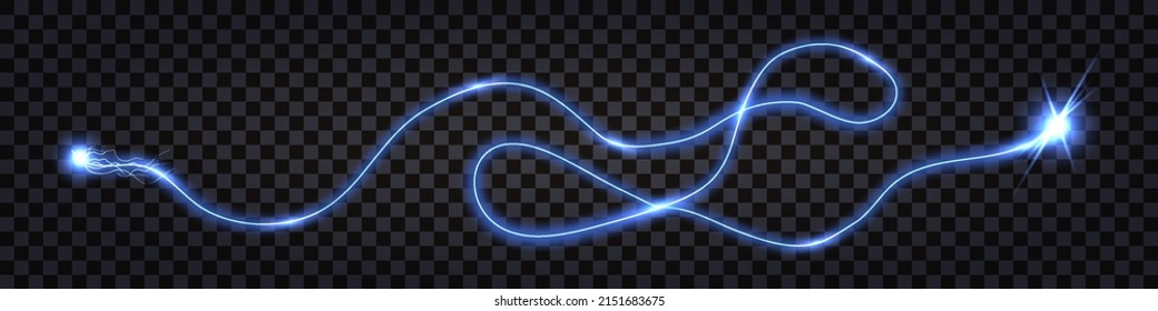 Blue electric swirl wave, lightning thunder bolt, impulse discharge with shock light effect, wire cable isolated. shiny blue trail, cyber technology design element. vector illustration