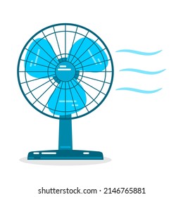 Blue electric table fan with cool breeze on white background flat vector icon design.