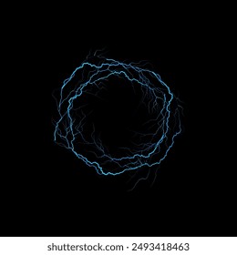 Efecto de círculo de trueno eléctrico azul sobre fondo negro. Ilustración vectorial de un relámpago circular brillante con bordes dentados y pernos ramificados.