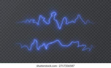 Líneas de onda eléctrica azul con luz de energía pulsante y efecto de relámpago, aisladas sobre fondo oscuro transparente, adecuadas para visualización de sonido, paneles de control e interfaces de ciencia ficción.