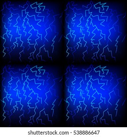 Blue electricity seamless pattern. Bolts of lightning on black background. Blue lightning strikes. Vector