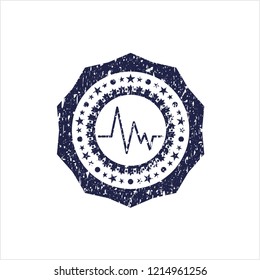 Blue electrocardiogram icon inside distress rubber grunge seal
