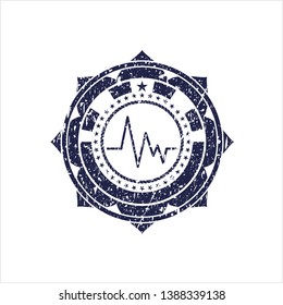 Blue electrocardiogram icon inside distress grunge stamp