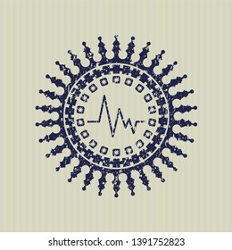 Blue electrocardiogram icon inside distress rubber grunge seal
