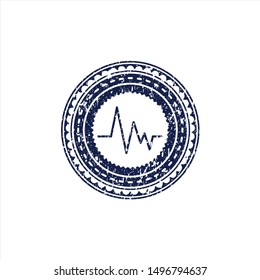 Blue electrocardiogram icon inside distressed rubber seal with grunge texture
