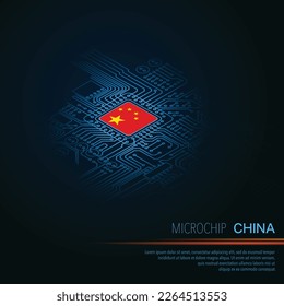 Blue electronic circuit board with China flag microchip or CPU element