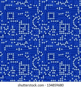 Blue electronic circuit board with silver solder - vector seamless pattern