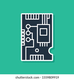 Blue Electronic computer components motherboard digital chip integrated science icon isolated on green background. Circuit board.  Vector Illustration