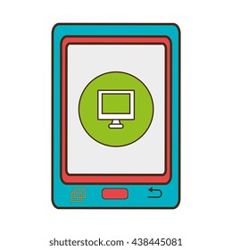 blue electronic device with green circle on the screen and computer icon,communication concept, over isolated background, vector illustration