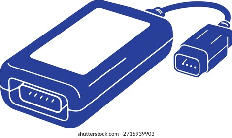 Dispositivo electrónico azul con cable USB y conector