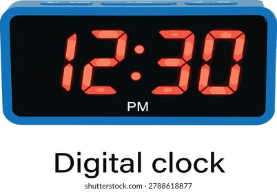 Blue electronic digital alarm clock icon with red led glowing display showing twelve thirty pm isolated on plain white background for time concept design templates