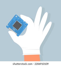 Blue Electronic Microcircuit In Hand. The Microprocessor And Computer Chip Icon. Computer Component Central Processing Unit CPU. Service Center. Vector Illustration, Flat Style.	
