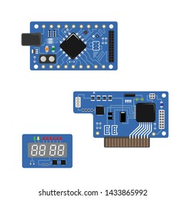 Blue electronic mini boards with a micro-controller, LEDs, connectors, and other electronic components. Vector set.