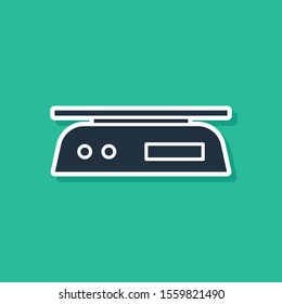 Blue Electronic scales icon isolated on green background. Weight measure equipment.  Vector Illustration