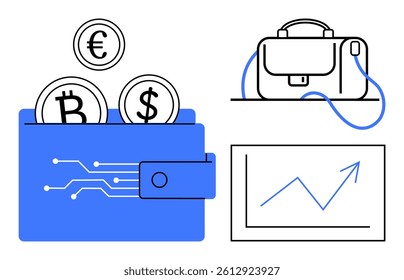 Blue electronic wallet holding cryptocurrency coins, briefcase symbolizing business, and upward-trending graph. Ideal for finance, cryptocurrency, investment, business growth, technology, economic