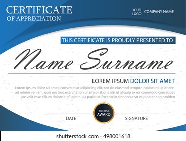 Blue Elegance horizontal certificate with Vector illustration ,white frame certificate template with clean and modern pattern presentation