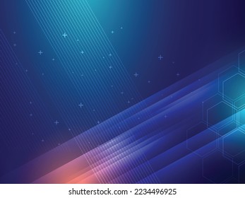 Blue elegant abstract background with parallel lines, overlapping colorful transparent shapes, futuristic effect in science and technology.