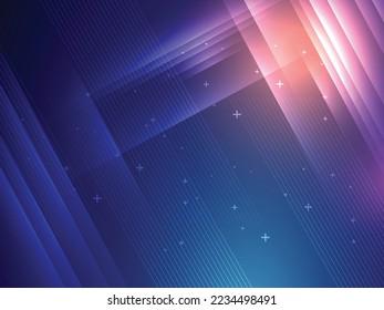 Blue elegant abstract background with parallel lines, overlapping colorful transparent shapes, futuristic effect in science and technology.