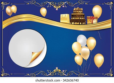 Blue elegant background with balloons, cake, gifts and also space for your own message. Can be used for a birthday card or wedding invitation. Size of a custom business card. Print colors used.