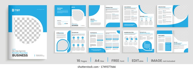Blue elegant brochure template layout design, minimalist business profile template layout, 16 pages brochure, annual report minimal template layout design, multipage brochure template layout.