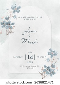 Blue and Elegant Floral Wedding Invitation.