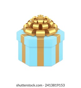 Blue elegant hexagonal gift bow with luxury golden bow ribbon 3d icon realistic vector illustration. Premium hexagon greeting package holiday present surprise romantic festive container for congrats