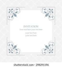 Blue elegant invitation. Decorative vintage frame. Beautiful floral invitation card. Vector damask illustration.