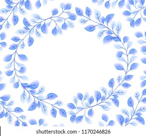 Blue elegant vector leaves round frame  in watercolor style on white background