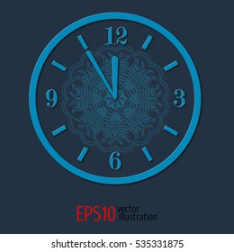 Blue elegant vitage clock for new year and christmas design. vector illustration with lacy pattern.