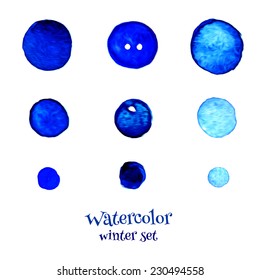 Blue elements for design: circles, snowballs, balls ,buttons, stains isolated on a white background. Winter set. Watercolor. Vector illustration