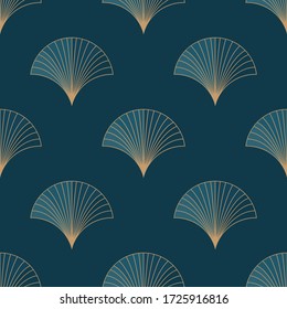 Blue elements with golden outline on blue background. Art deco style. Vector seamless pattern. Vintage wallpaper. 