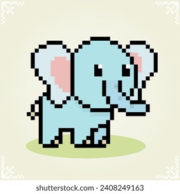 Blue elephant in 8 bit of pixel art. Animal in vector illustrations for game assets or cross stitch patterns.